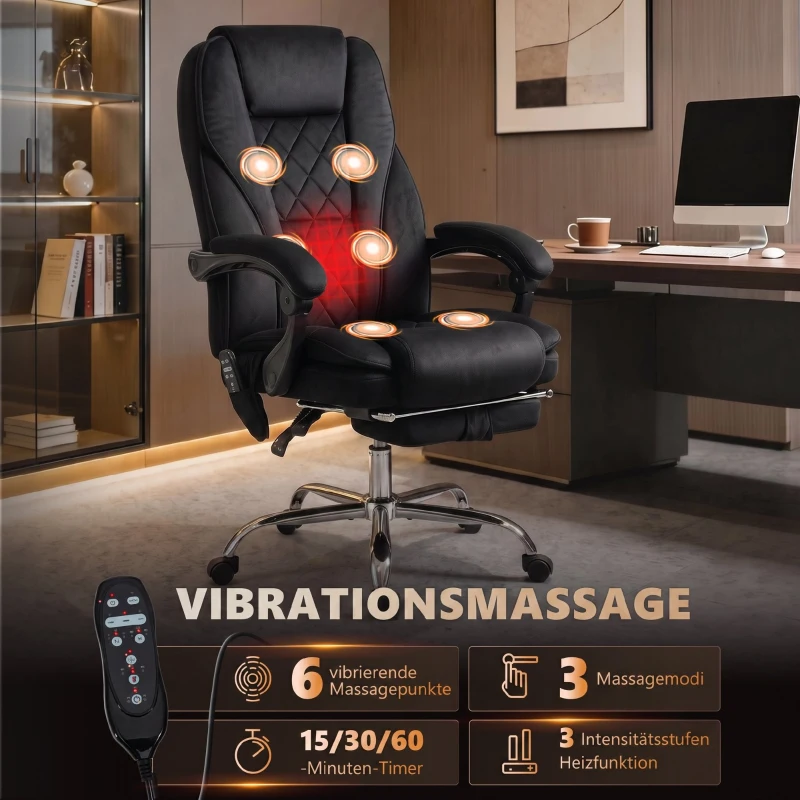 Vinsetto Ergonomische Massage Bureaustoel met Voetsteun, Draaibaar, Op Wielen, Zwart