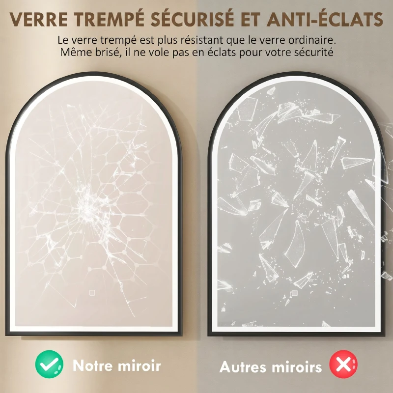 HOMCOM Miroir Salle de Bain avec Éclairage 60 x 90 cm, Miroir LED Arqué, Anti-Buée, 3 Couleurs Lumière, Dimmable, Mémoire, Noir