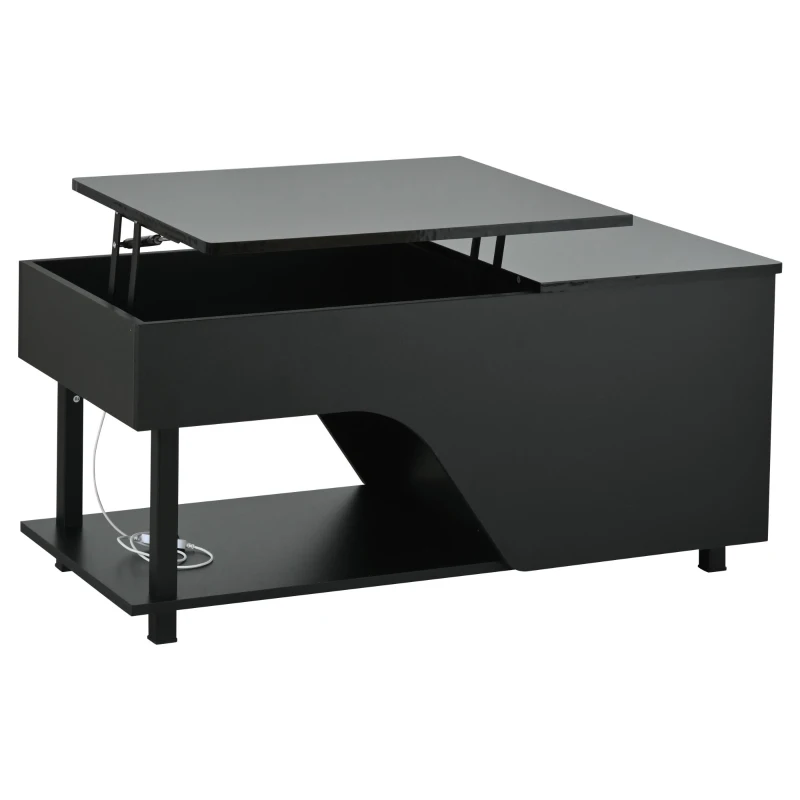 Mesa de centro ajustable en altura con almacenamiento oculto, compartimentos laterales ajustables, 50x100x46 cm, Negro