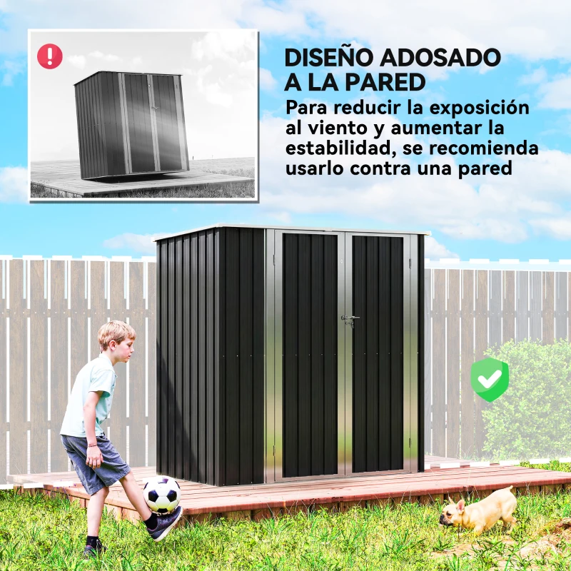Outsunny Cobertizo de Jardín Exterior Metálico 1,37 m² 163x89x163 cm con Techo Inclinado, Puertas con Pestillo y Guantes Gris