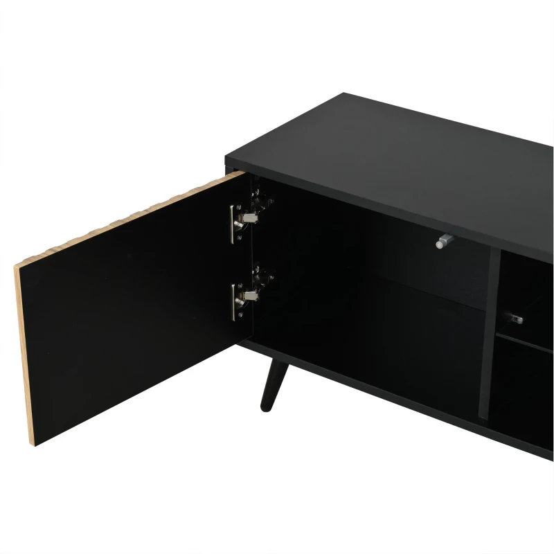 Meuble TV bas LED, convient pour 75 pouces, grand espace de rangement, 175x31x43,5 cm, Couleur naturelle+Noir