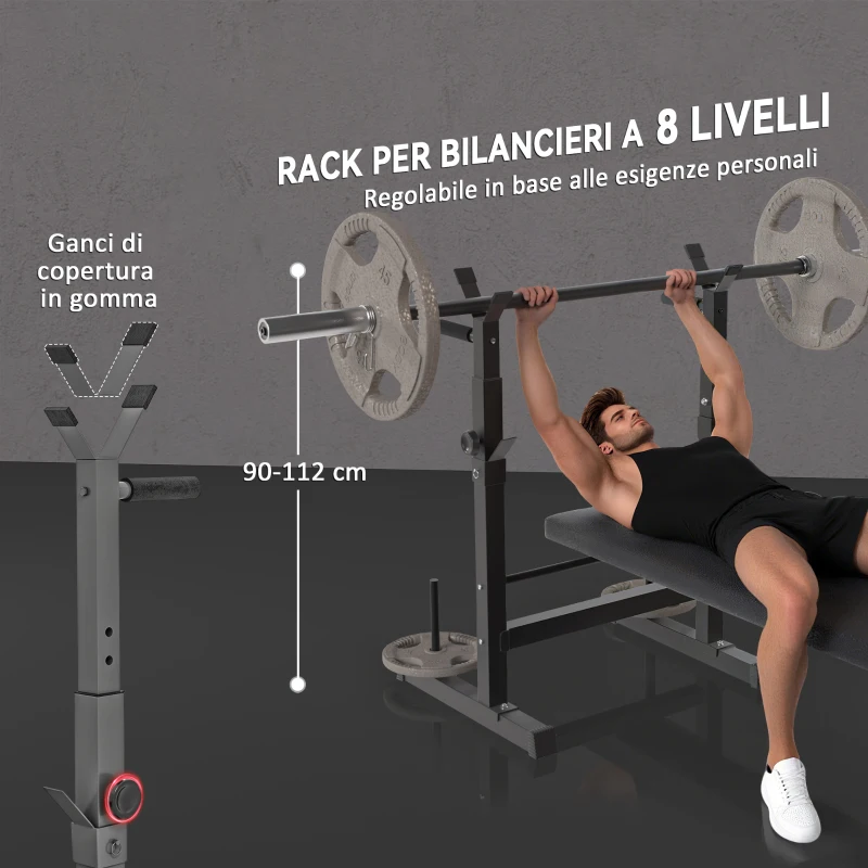 HOMCOM Panca Pesi Pieghevole con 8 Altezze Regolabili e Supporto Bilanciere in Acciaio e PU, 140x73x98-122 cm, Grigio