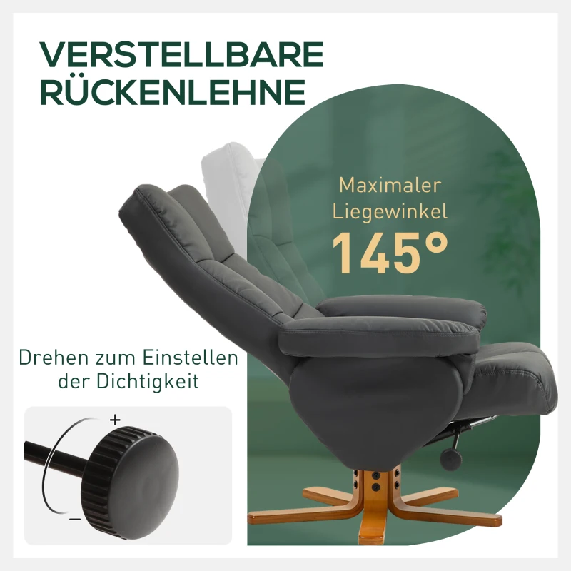 HOMCOM Relaxfauteuil met kruk, rugleuning kantelbaar tot 145°, 360° draaibaar, kunstleer, donkergrijs