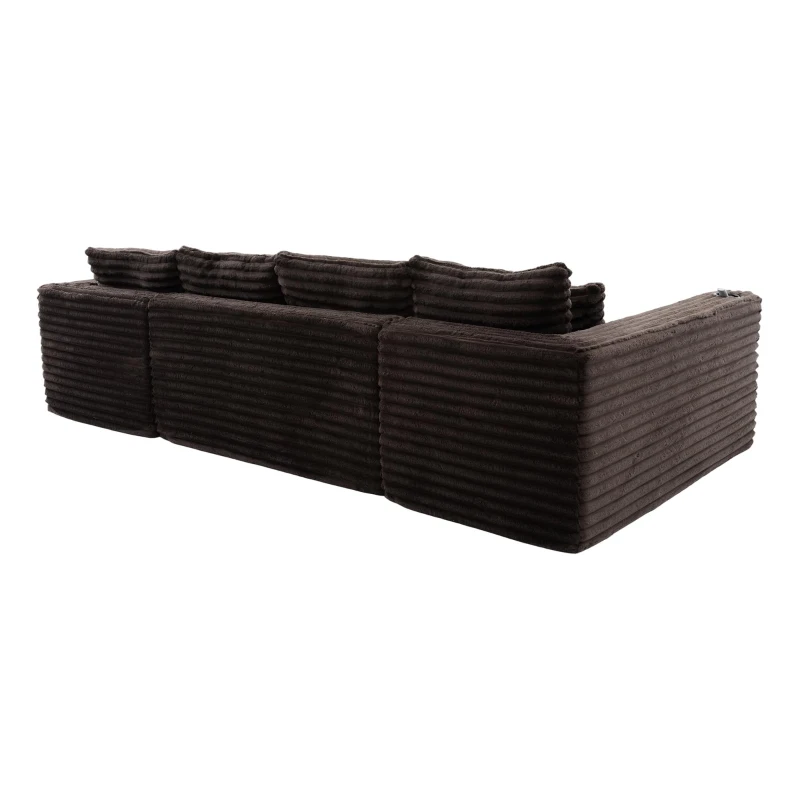 Sofá em U de veludo cotelê, com porta-copos integrado e bolso lateral, estofamento com molas, 320x155x88 cm, Castanho