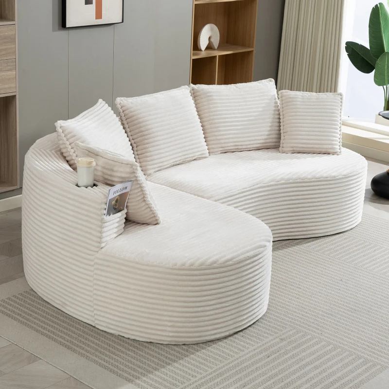 Bogesofa imbottito con portabicchieri su entrambi i lati, cuscini e tasca laterale, 250x152x82 cm, Beige
