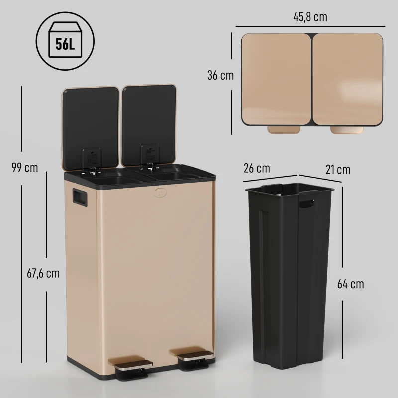 HOMCOM Poubelle de cuisine 2 compartiments de 2 x 28L, acier inoxydable, couvercle à fermeture douce, 45,8x36x67,6cm, or