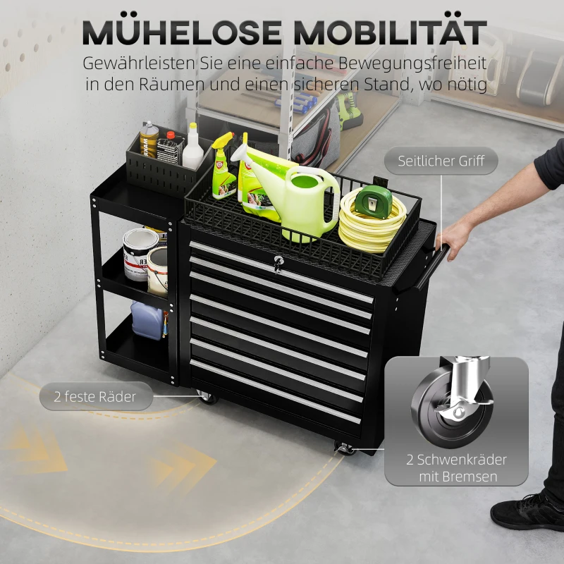 HOMCOM Gereedschapswagen met 7 lades, afneembaar zijrek, 4 wielen met parkeerrem, 96x33,5x75 cm, Zwart