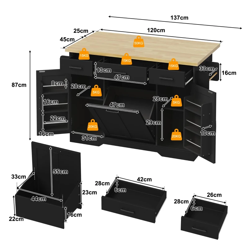Ilha de cozinha móvel com tampo rebatível, rodízios com travão 360°, para 2–4 pessoas, 120x70x87 cm, Preto