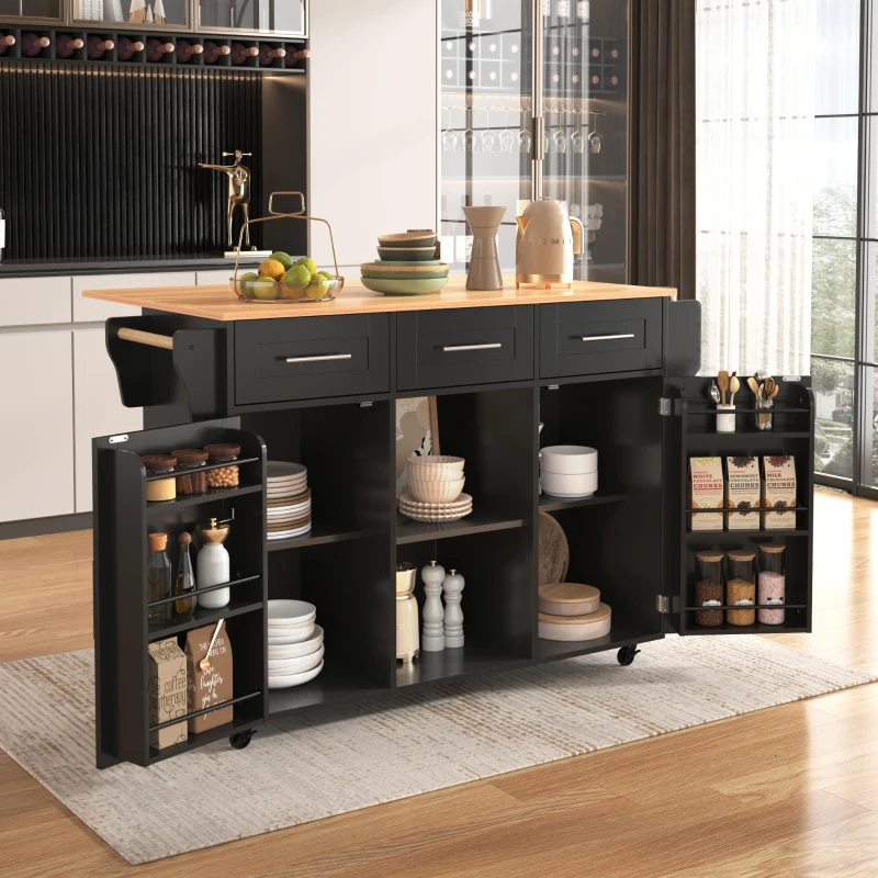 Gran carrito y aparador de cocina, encimera abatible, gran capacidad de almacenamiento, 139x46x91,5 cm, Negro