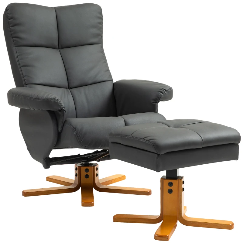 HOMCOM Relaxfauteuil met kruk, rugleuning kantelbaar tot 145°, 360° draaibaar, kunstleer, donkergrijs