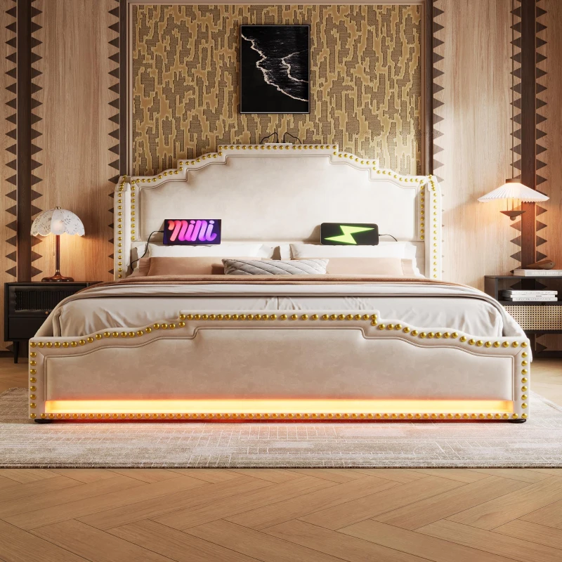 Cama estofada 180×200, cama com 4 gavetas de arrumação, iluminação LED ambiente integrada, 214x189x120 cm, Bege