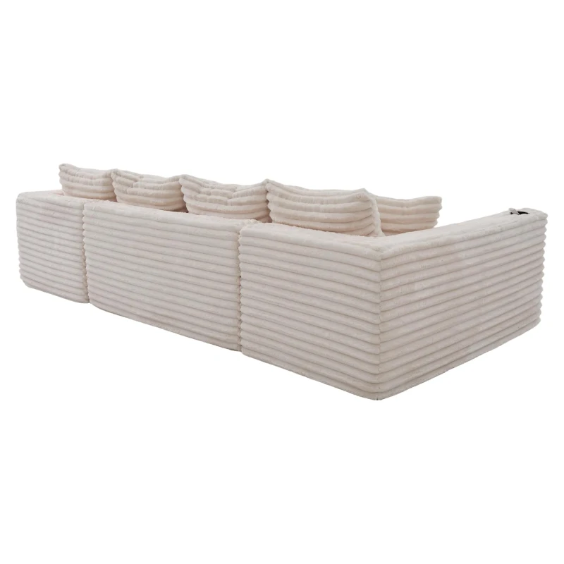 Sofá em U de veludo cotelê, com porta-copos integrado e bolso lateral, estofamento com molas, 320x155x88 cm, Bege