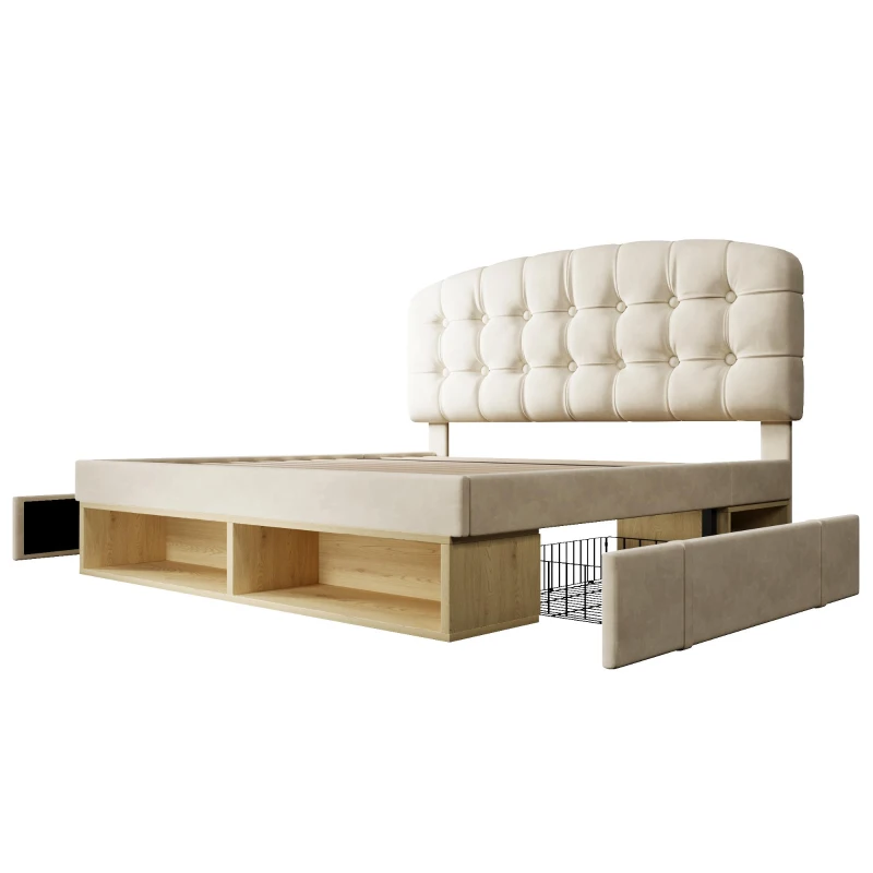 Cama estofada cama de casal 140x190 cm, ajustável em 3 alturas, cabeceira curva, sem colchão, 197x151x120 cm, Bege