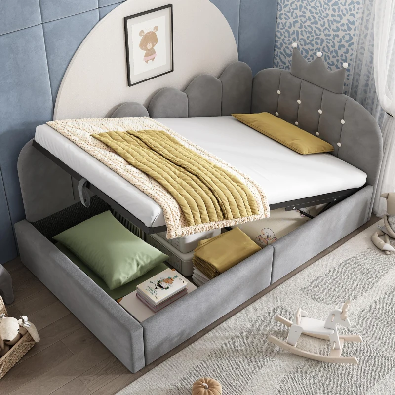 Cama de día tapizada 90x190 cm, almacenamiento hidráulico, forma en L reversible, sin colchón, 199x96x96 cm, Gris