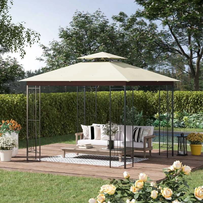 Outsunny Cenador de Jardín 3x3 m con Doble Techo de Ventilación Marco de Acero Anti-UV Beige