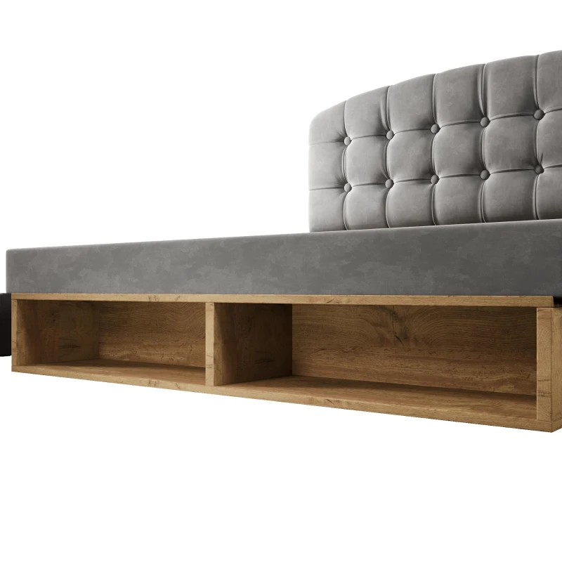 Cama de casal 140x200 estofada com estrado de ripas, cabeceira curva regulável em 3 alturas, sem colchão, 207x151x120 cm, Cinzento