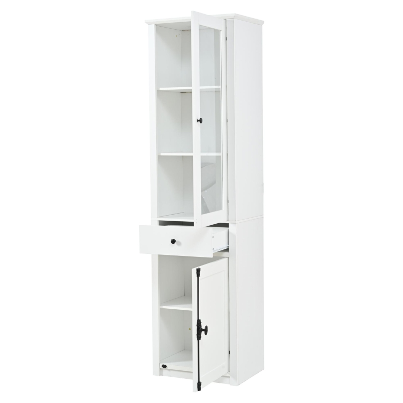Vitrine alta com iluminação LED, grande espaço de arrumação com 3 prateleiras de vidro, 1 gaveta e 2 portas, 55x40x200 cm, Branco