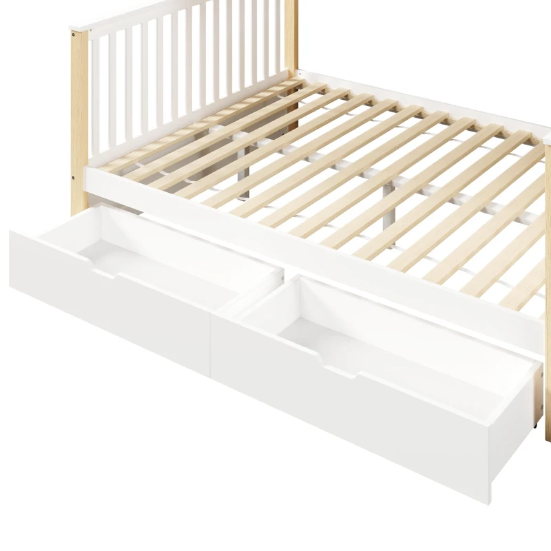 Beliche 90x200 sobre 140x200, grade de proteção elevada e escada, sem colchão, 254x145x150 cm, Branco+Cor natural