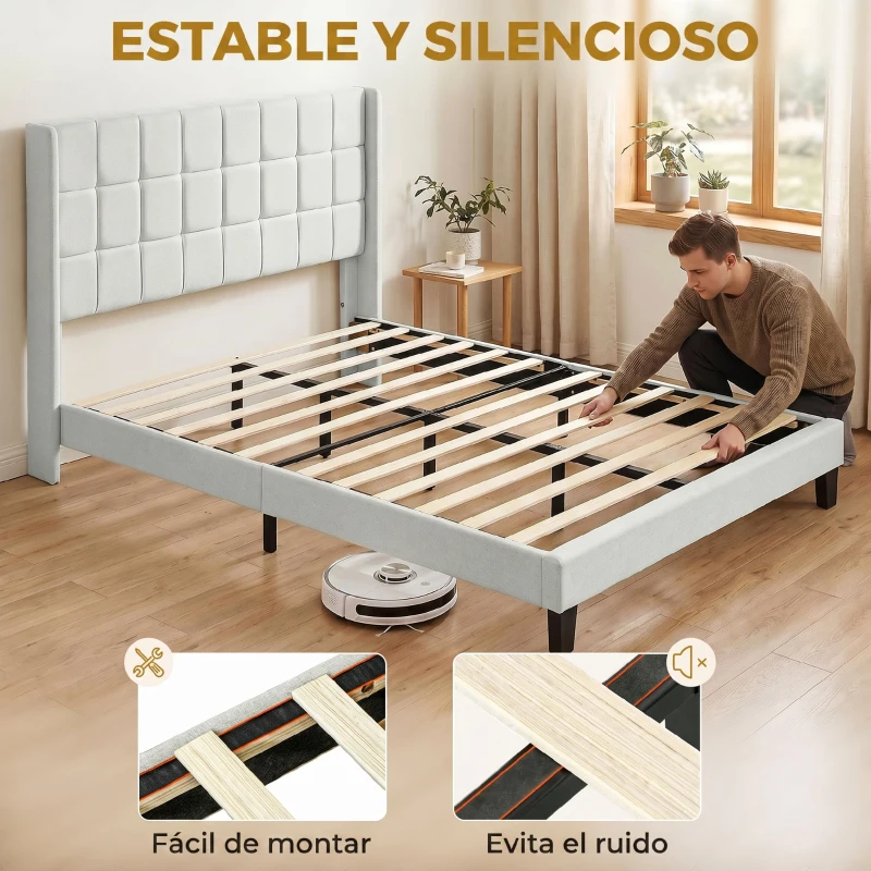 HOMCOM Cama 135x190 cm con Almacenaje Inferior Tapizada y Cabecero Acolchado con Orejas Beige