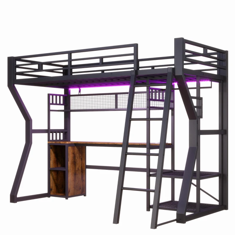 Cama alta para colchão 90×200 cm, com arrumação e espaço aberto por baixo da cama, sem colchão, 204x131,5x180 cm, Preto