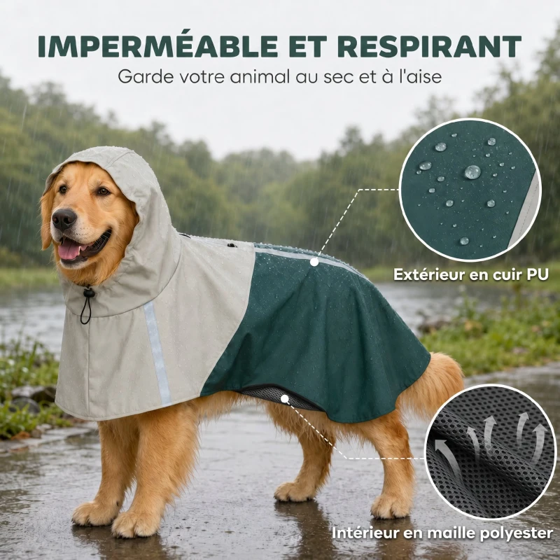PawHut Imperméable pour Chien avec Capuche, Bandes Réfléchissantes, Ouverture pour Laisse, 110x72x0,5cm, Vert