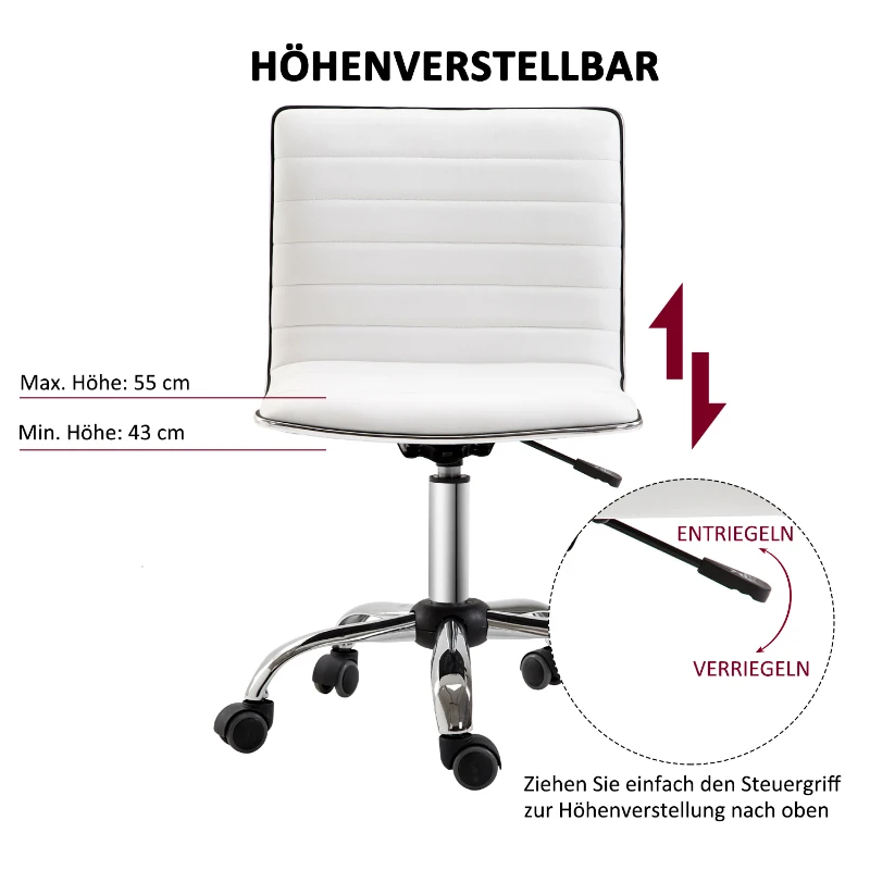 HOMCOM Draaistoel, Hoogteverstelbaar 43-55 cm, Tot 120 kg, Leerlook, Wit(m-5)