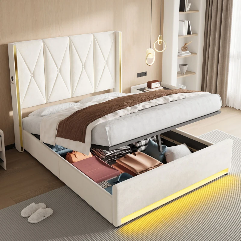 Cama de terciopelo con cabecero acolchado y capitoné, prácticos bolsillos laterales, para colchón 160L x 200AN cm, 170x213x141 cm, Beige