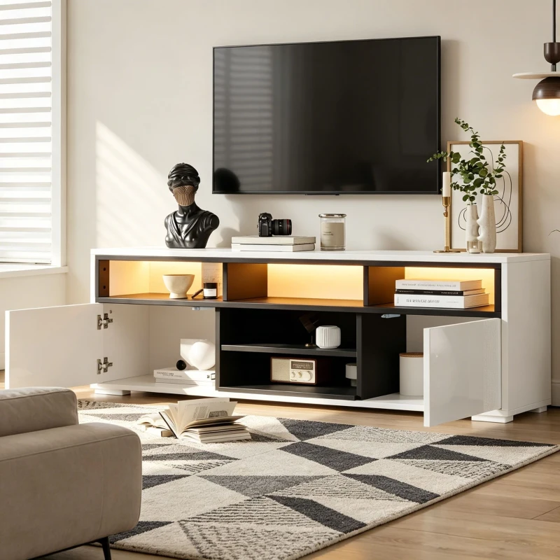 Móvel para TV LED, lowboard compacto com acabamento em alto brilho, adequado para televisores até 65 polegadas, 150x35x50 cm, Branco