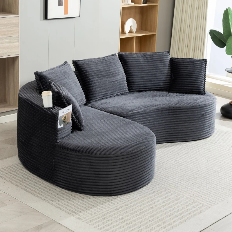 Bogesofa em veludo cotelê, com porta-copos em ambos os lados e bolso lateral, inclui almofadas, 250x152x82 cm, Cinzento escuro