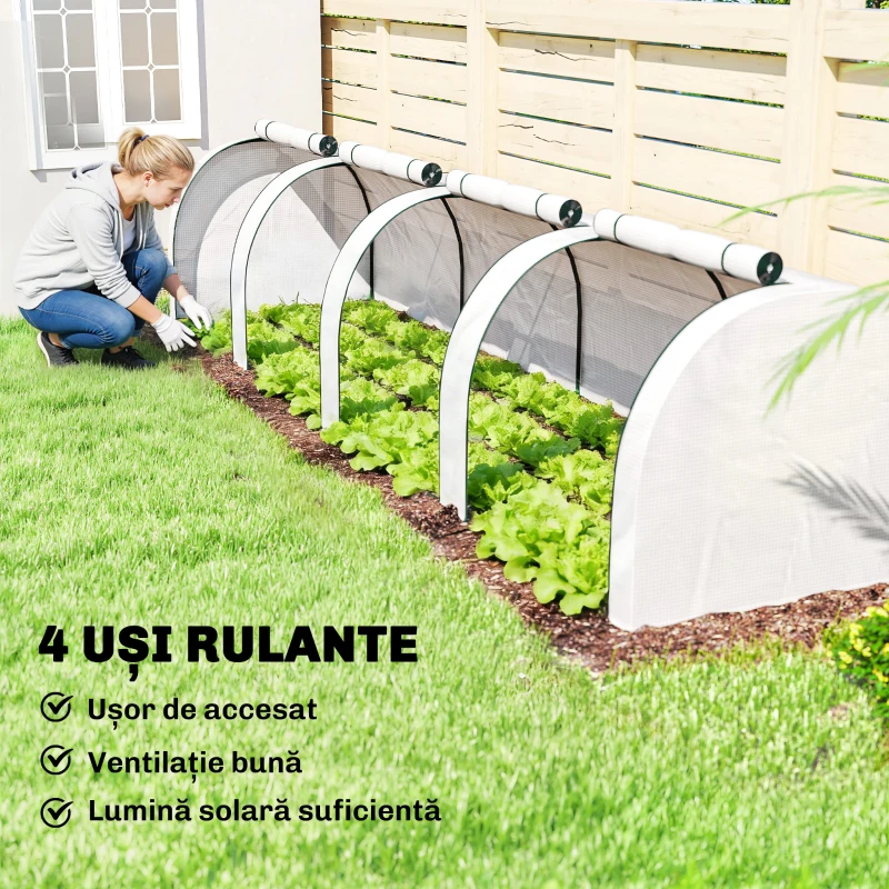 Outsunny Seră de Grădină, 4 Uși Rulabile, Oțel și Plastic, 395 x 100 x 80 cm, Alb