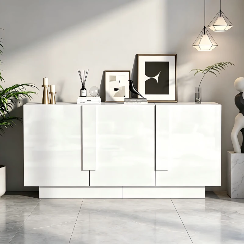 Aparador para sala de estar, armário de arrumação largo de três portas, design minimalista moderno, 35x160x60 cm, Branco