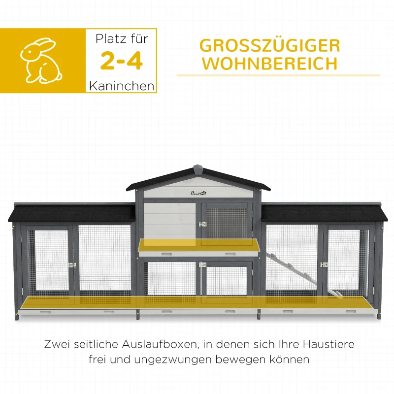 PawHut Kleindierhok met uitloopren incl. loopplank, asfaltdak, dennenhout, grijs