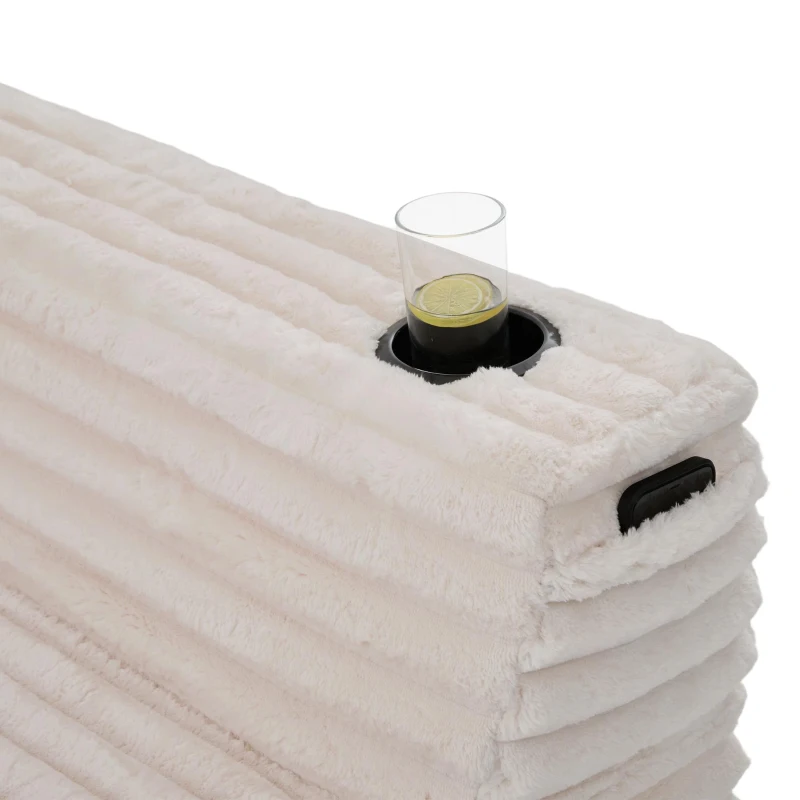 Sofá em U de veludo cotelê, com porta-copos integrado e bolso lateral, estofamento com molas, 320x155x88 cm, Bege