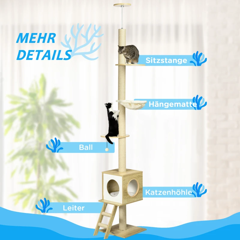 PawHut krabpaal, klimboom plafond hoog, 240-260 cm, kattenkrabpaal, lichtbruin(m-5)
