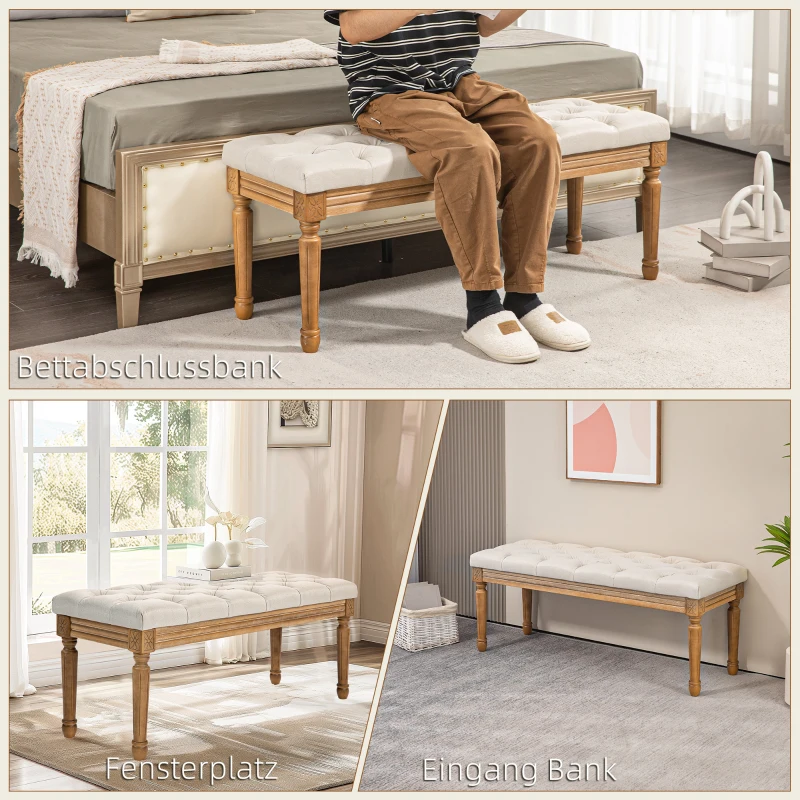 HOMCOM Bank, gestoffeerde bank met linnenlook, houten poten, bedbank voor slaapkamer, woonkamer of hal, 120 x 41 x 48 cm, crème