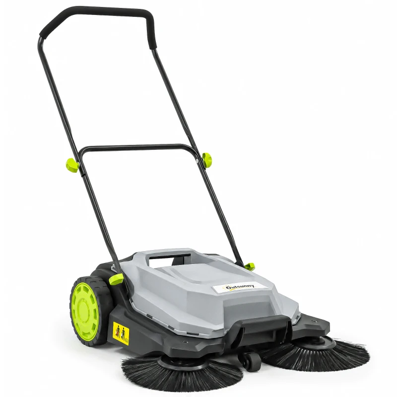 Outsunny ehrmaschine manuell mit 68 cm Kehrbreite, 24 L Schmutzbehälter, Höhenverstellbar klappbar Griff 3-Bürsten-Kehrsystem