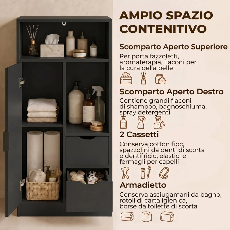 HOMCOM Mobile Bagno Slim con Cassetti, Ripiani Aperti e Armadietto, 50x25x100 cm, Nero