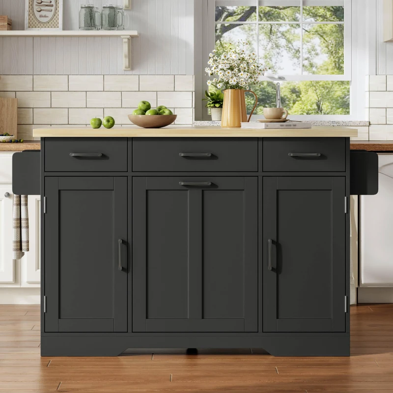 Ilha de cozinha móvel com tampo rebatível, rodízios com travão 360°, para 2–4 pessoas, 120x70x87 cm, Preto