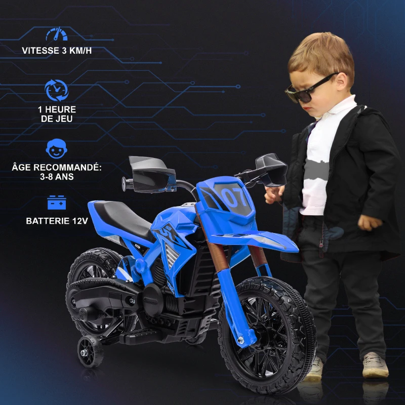 AIYAPLAY Moto cross électrique pour enfants 3-8 ans, batterie 6 V, 2 moteurs, klaxon et roues d'entraînement, charge 30KG, bleu