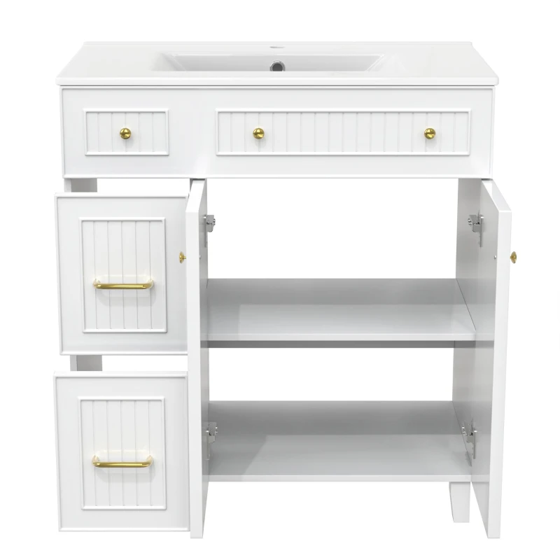 Mueble de baño independiente con lavabo de cerámica, patas de madera maciza de pino y tiradores metálicos, 81,7x46,8x90 cm, Blanco