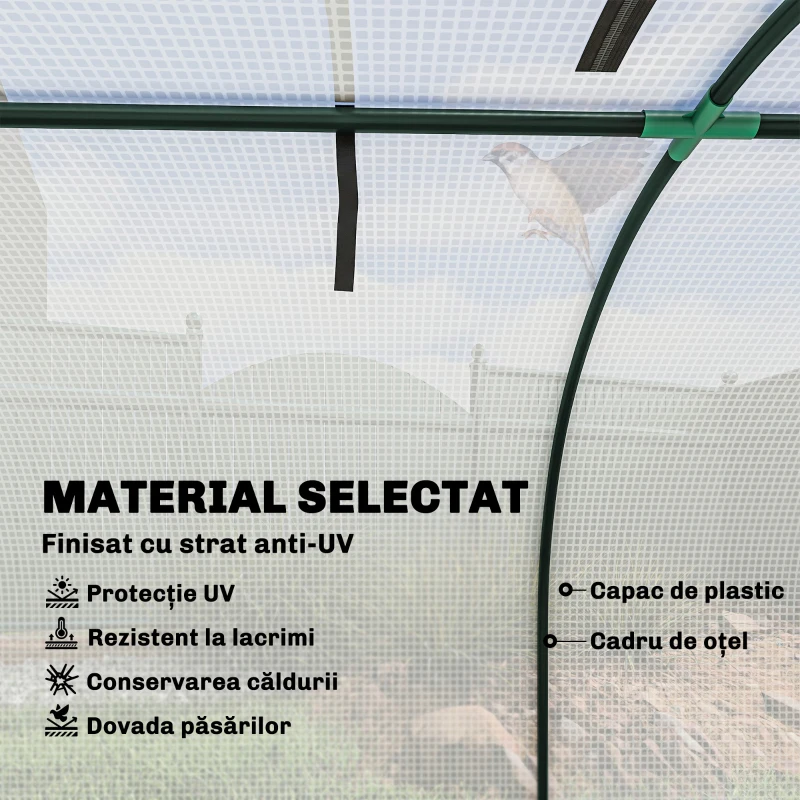Outsunny Seră de Grădină, 4 Uși Rulabile, Oțel și Plastic, 395 x 100 x 80 cm, Alb