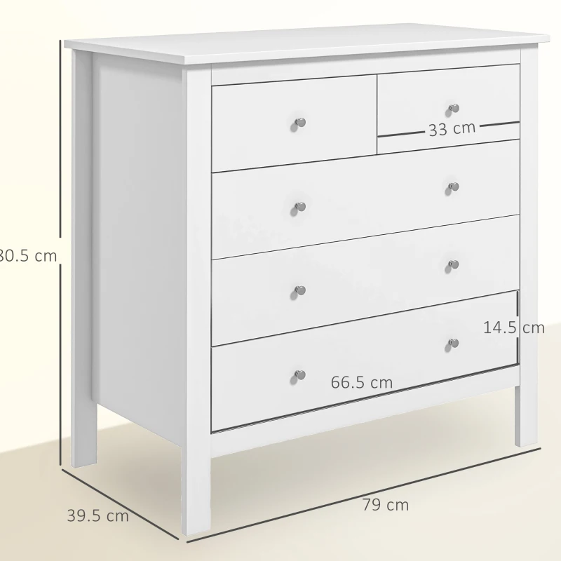 HOMCOM Modern Chest of Drawers, 5 Drawer Storage Cabinet with Metal Handles and Runners for Bedroom, White