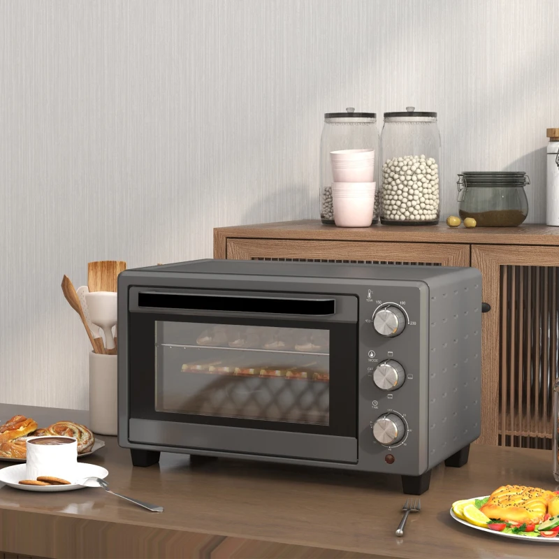HOMCOM Minibakoven, 21 L Toasteroven met 1 draadrek en 1 bakplaat, 3 kookstanden, 100 °C-230 °C, roestvrij staal, glas, grijs(m-9)