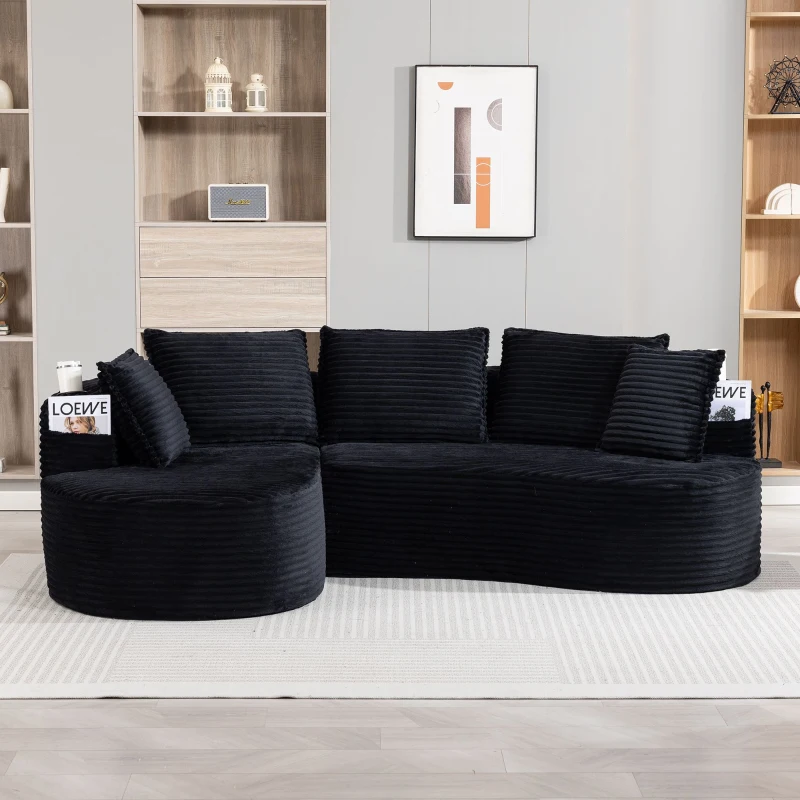 Bogesofa imbottito con portabicchieri su entrambi i lati, cuscini e tasca laterale, 250x152x82 cm, Nero