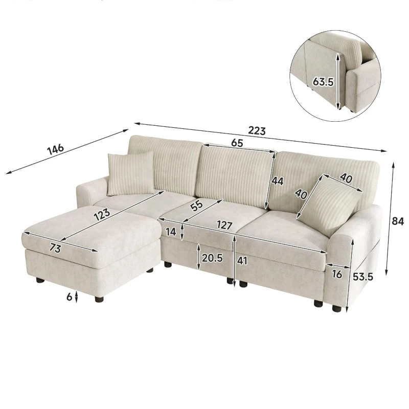 Sofá moderno com pufe, função de carregamento com duas portas, incl. 2 almofadas quadradas, almofadas de assento removíveis, 223x146x84 cm, Bege