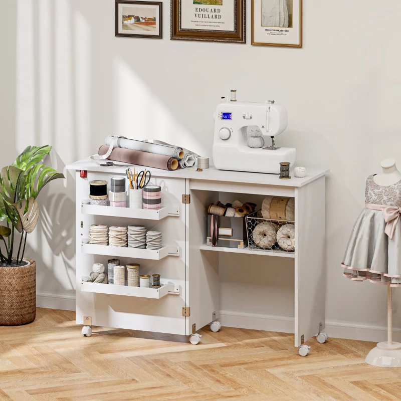 HOMCOM Mobile per Macchina da Cucire Pieghevole con Piano Ampio, 3 Contenitori, Mensola Inferiore, Ruote, Bianco