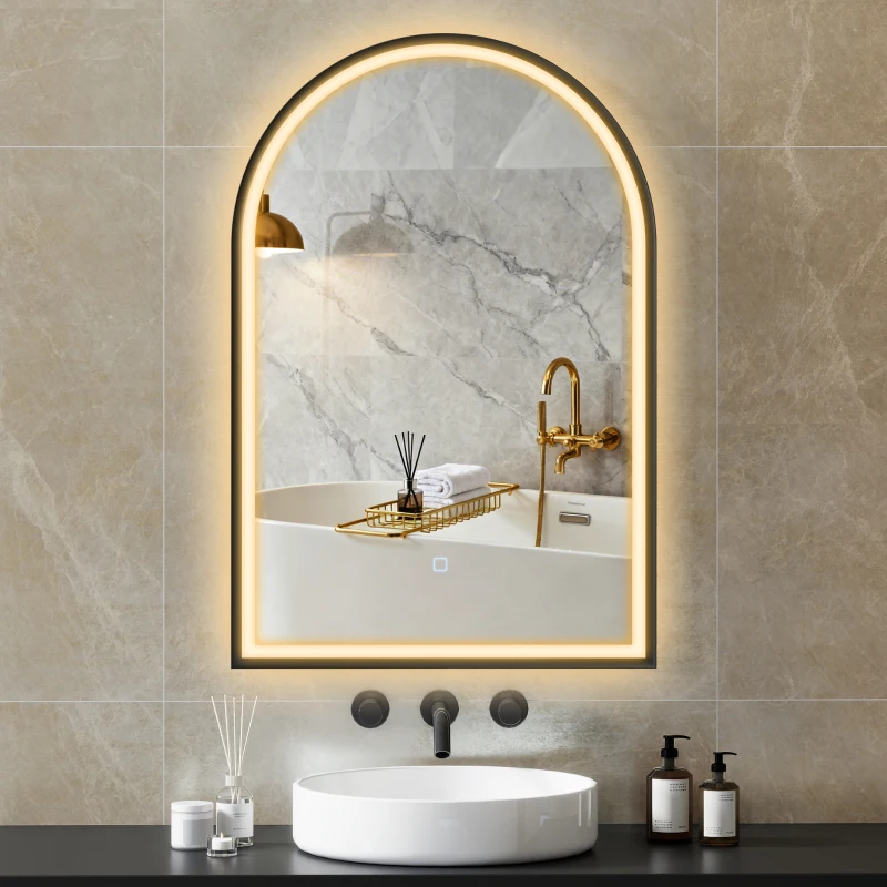 HOMCOM Miroir Salle de Bain avec Éclairage 60 x 90 cm, Miroir LED Arqué, Anti-Buée, 3 Couleurs Lumière, Dimmable, Mémoire, Noir