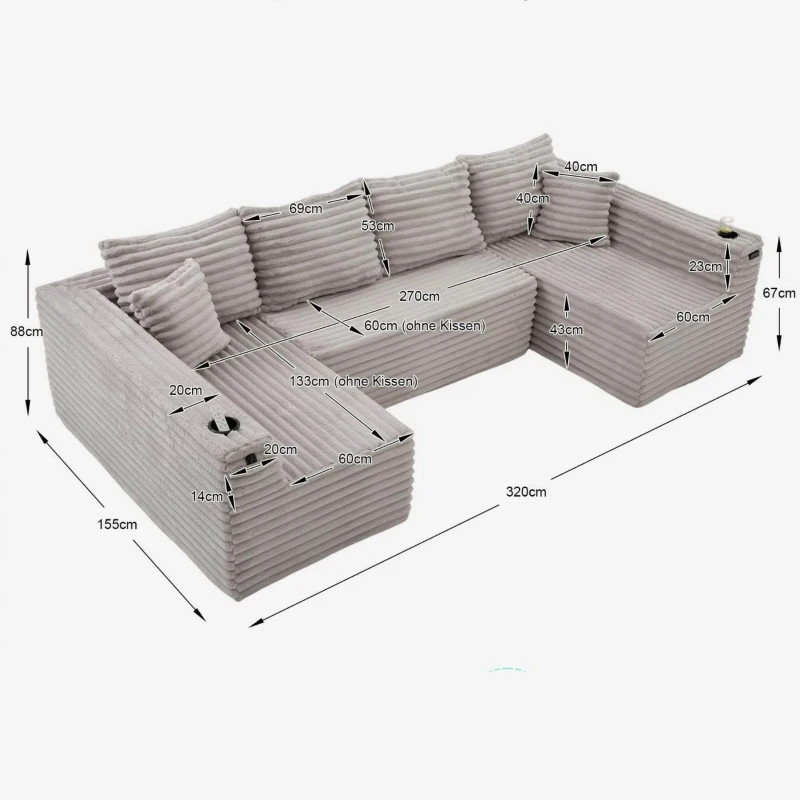 Divano a U in velluto a coste con portabicchieri integrato e tasca laterale, imbottitura a molle, 320x155x88 cm, Grigio chiaro