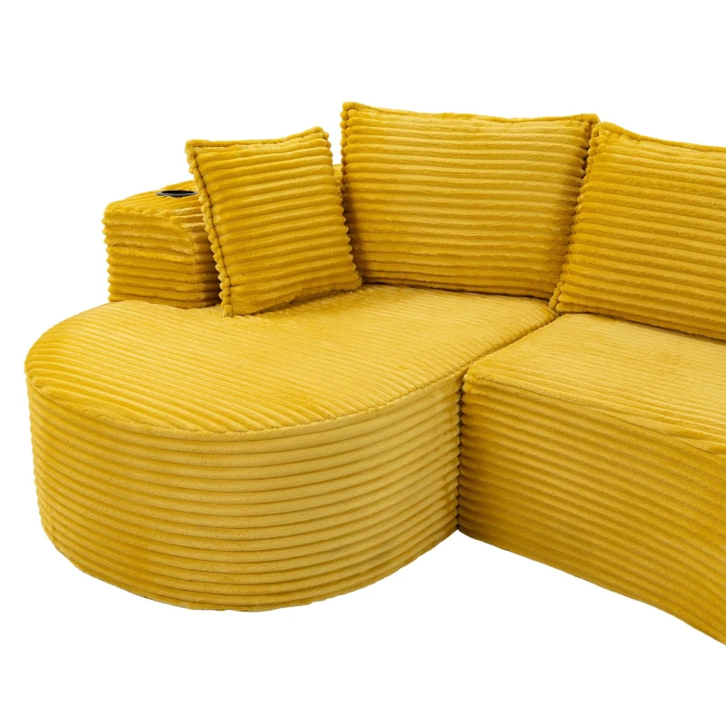 Bogesofa imbottito con portabicchieri su entrambi i lati, cuscini e tasca laterale, 250x152x82 cm, Giallo