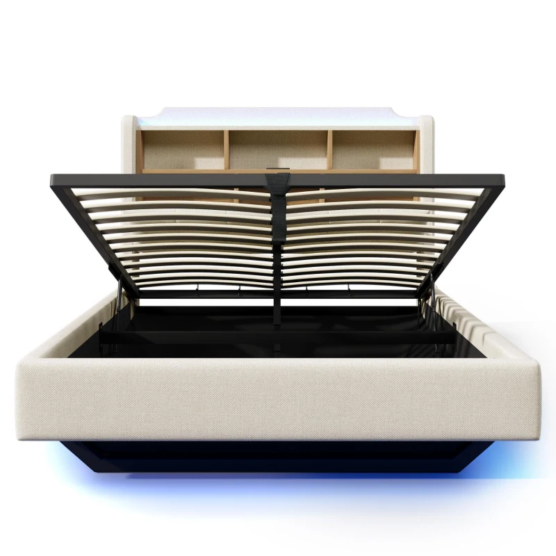 Cama estofada 140 × 200 cm, iluminação LED, design flutuante, sem colchão, 217x141x110 cm, Bege